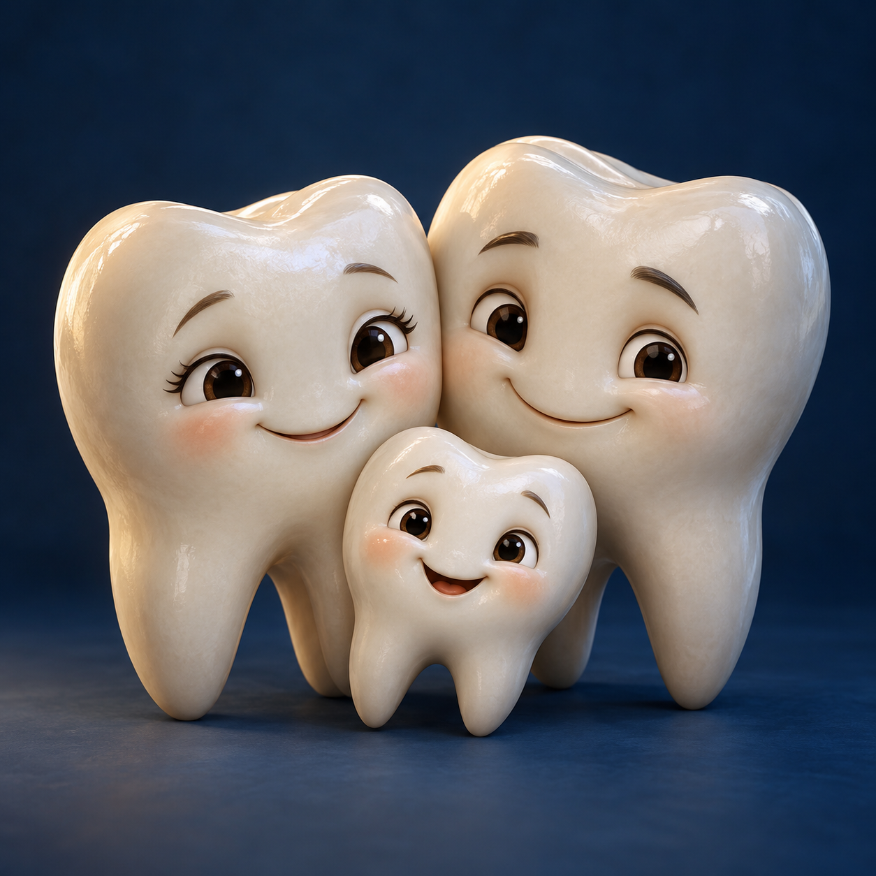 Ilustração de uma família de três dentinhos sorridentes